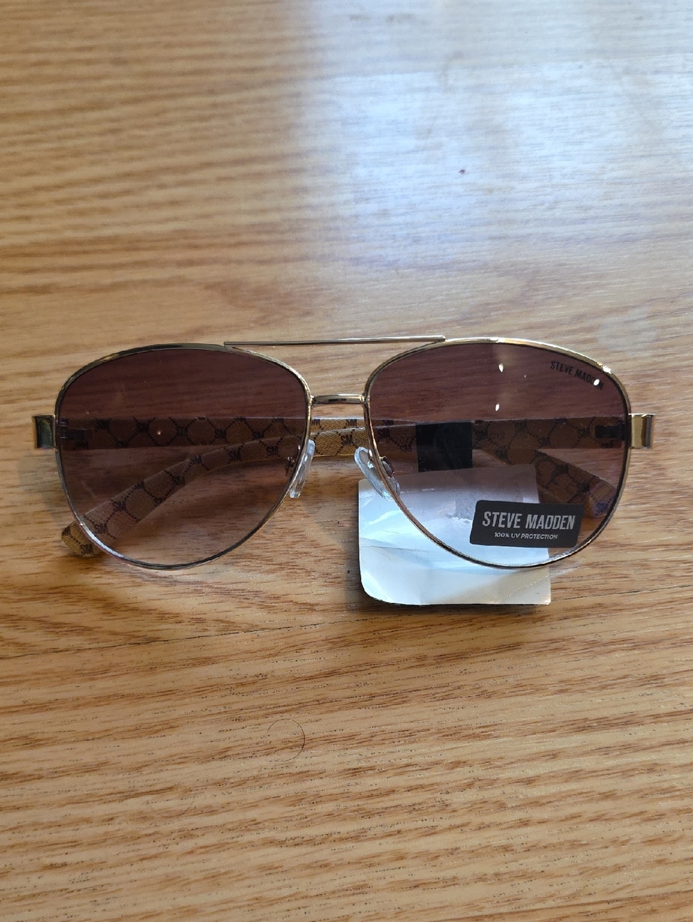 Steve Madden Gold Frame Brown Lens Aviator Sunglasses with Patterned Temples